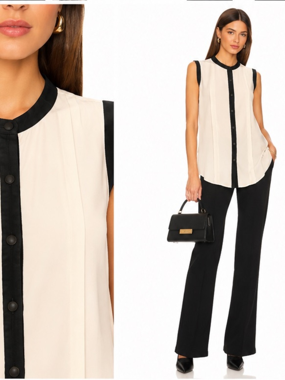 rag & bone silk Cream Sleeveless Button-Front Top with Black Trim size 4